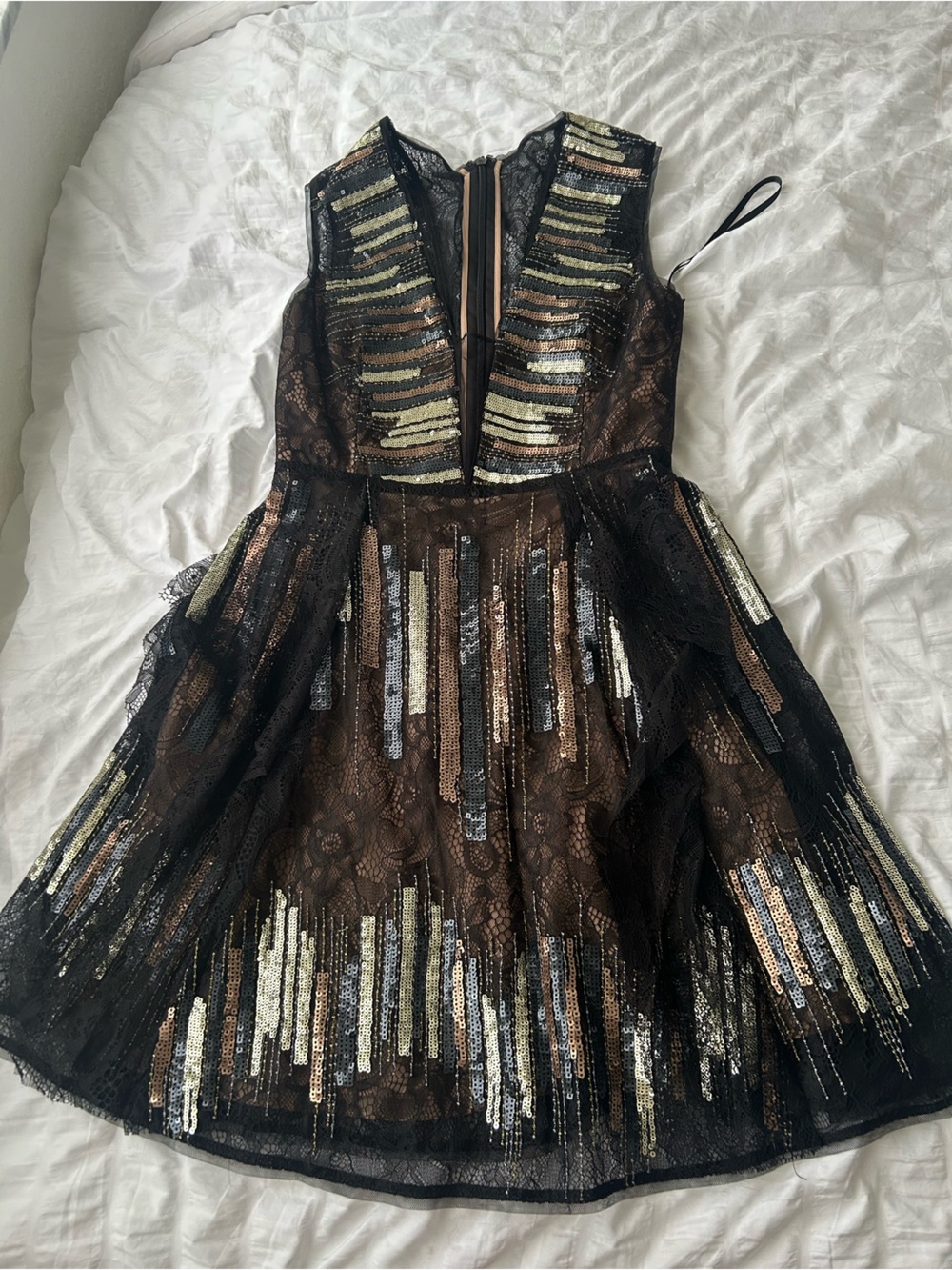 BCBGMaxAzria Black Lace Sequin Stripe Dress